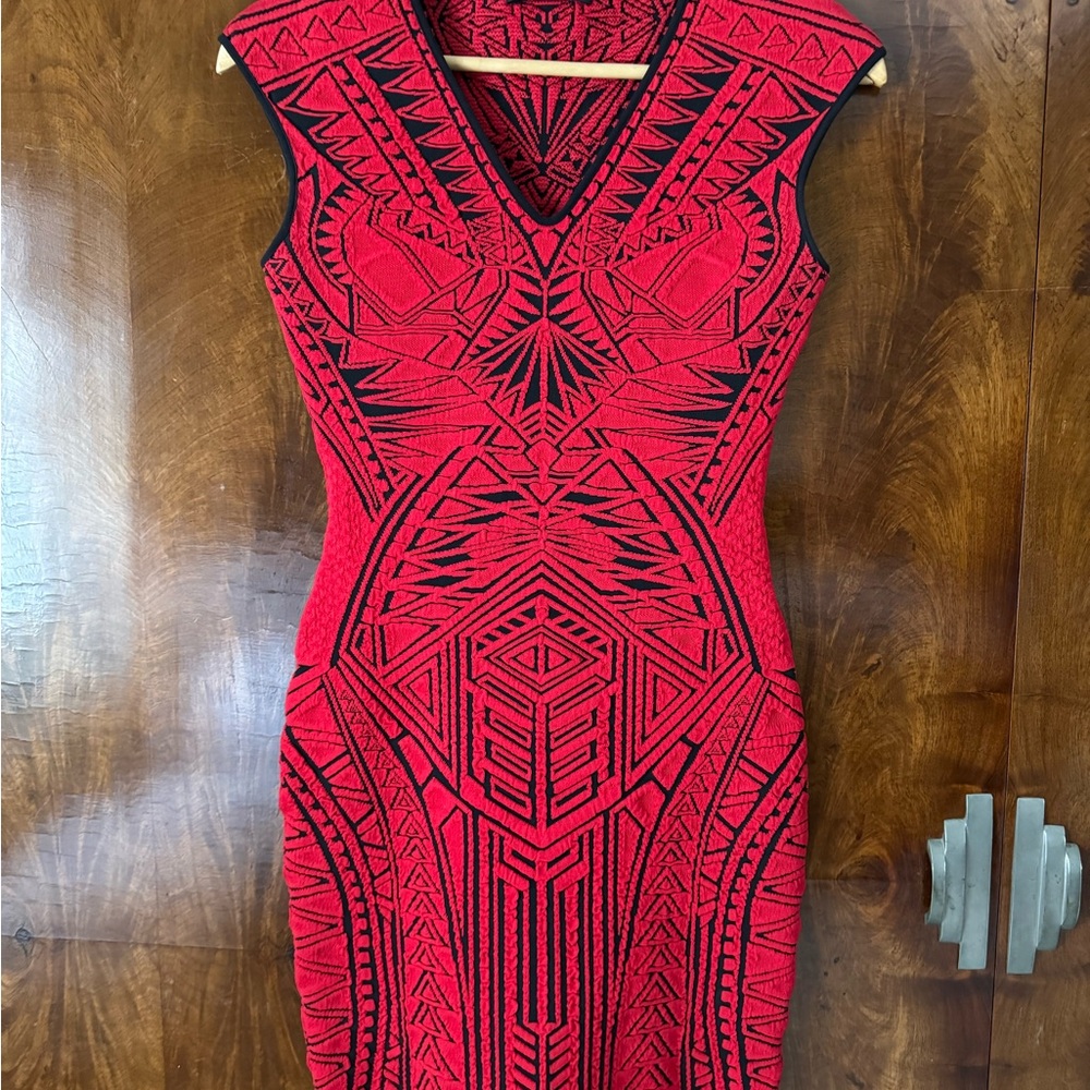 RVN Red Bodycon Midi Dress V-Neck Sleeveless